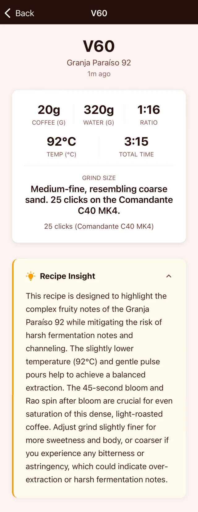 Coffee Master app showing a V60 recipe with brewing parameters