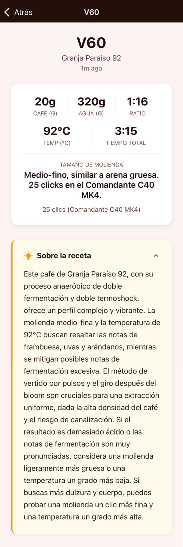 App Coffee Master mostrando una receta V60 con parámetros de preparación