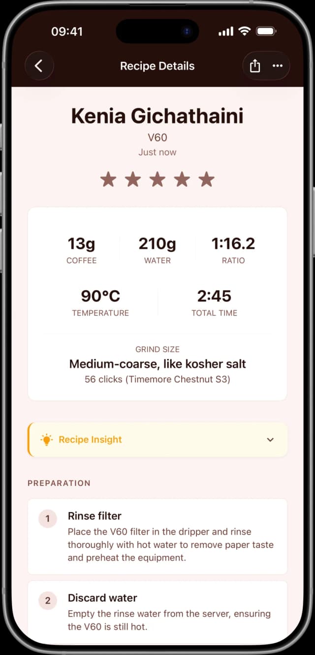 Coffee Master app showing a base recipe for Kenia Gichathaini brewed on V60 with grind clicks, temperature, and timing